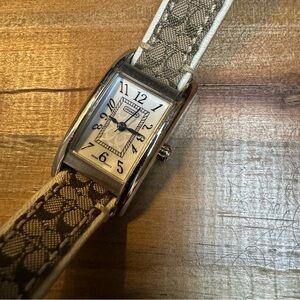 Coach Rectangular Silver-Tone Case Watch with Beige Signature Canvas Strap